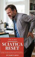 Man with sciatica pain holding his back in an office setting, with a book titled 'The 14-Day Sciatica Reset' by Marcus Reed.